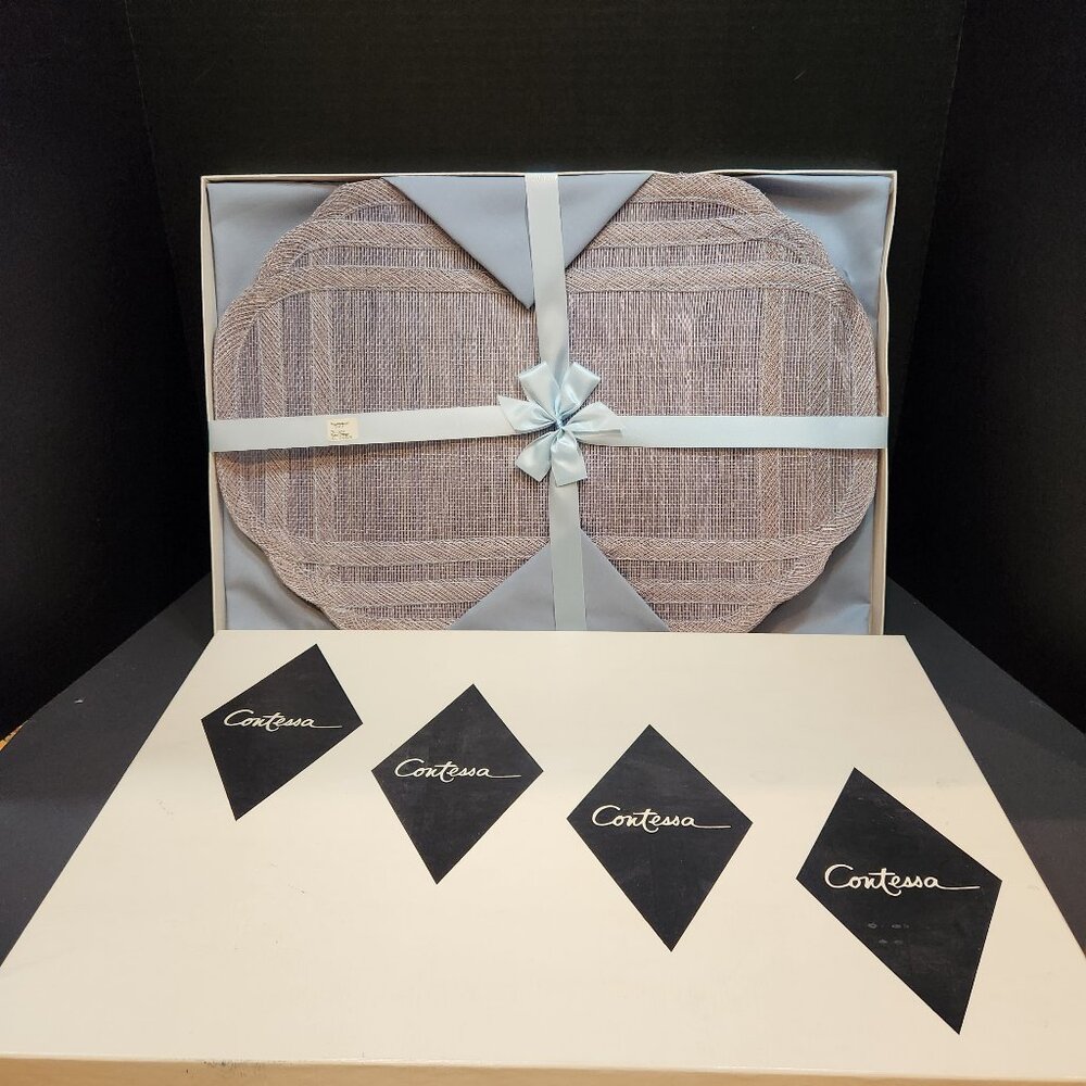 NIB 60's Vintage Placemats and Napkins In Original Box Bluish Purple Set of 4